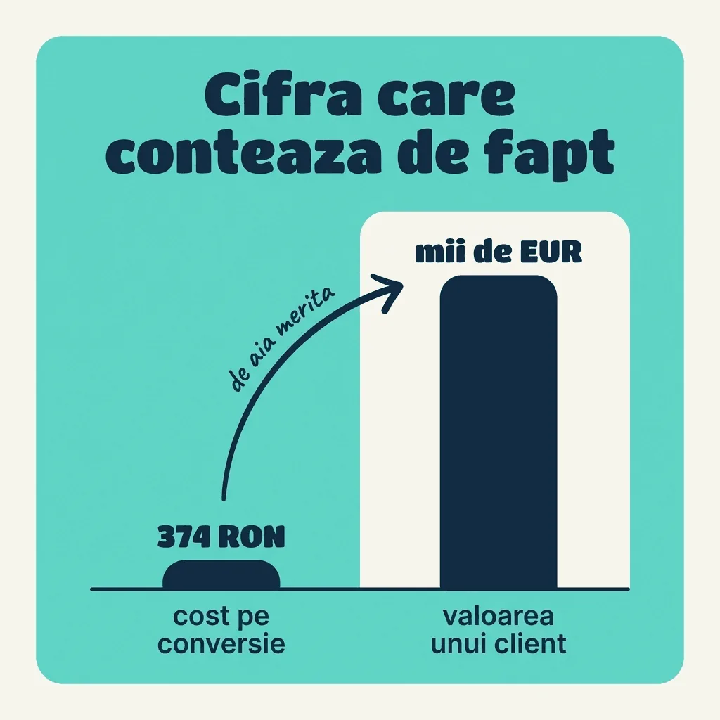 Grafic: cost pe conversie 374 RON față de valoarea unui client de mii de euro