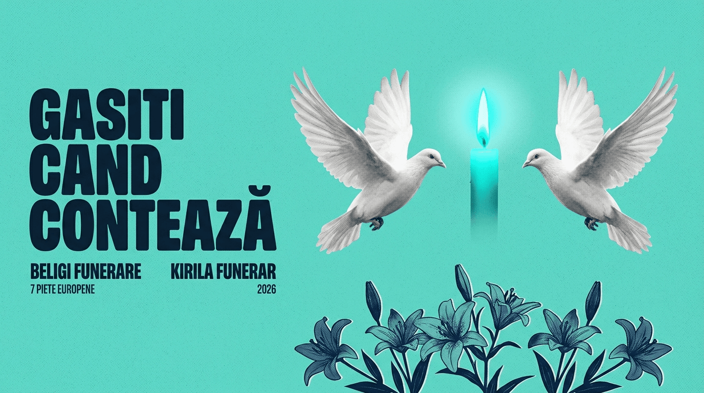 Banner ilustrat cu porumbei albi și o flacără turcoaz — Beligi Funerare și Kirila Funerar