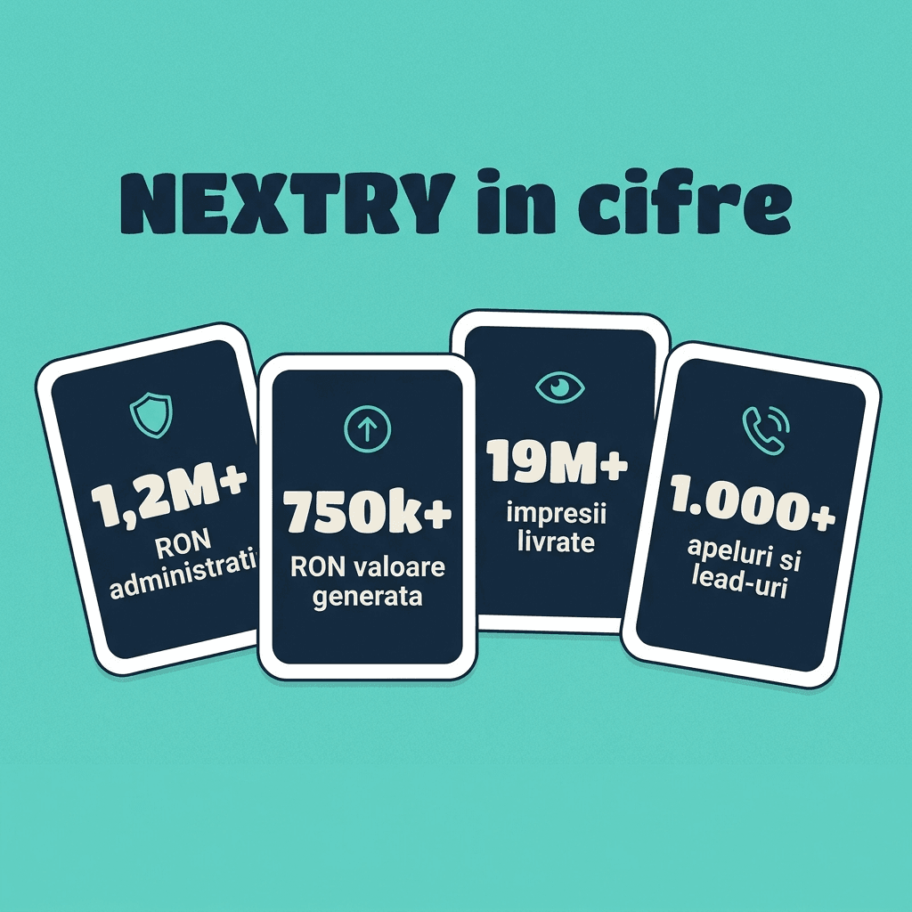 Nextry în cifre: 1,2M+ RON administrați, 750k+ RON valoare, 19M+ impresii, 1.000+ apeluri și lead-uri