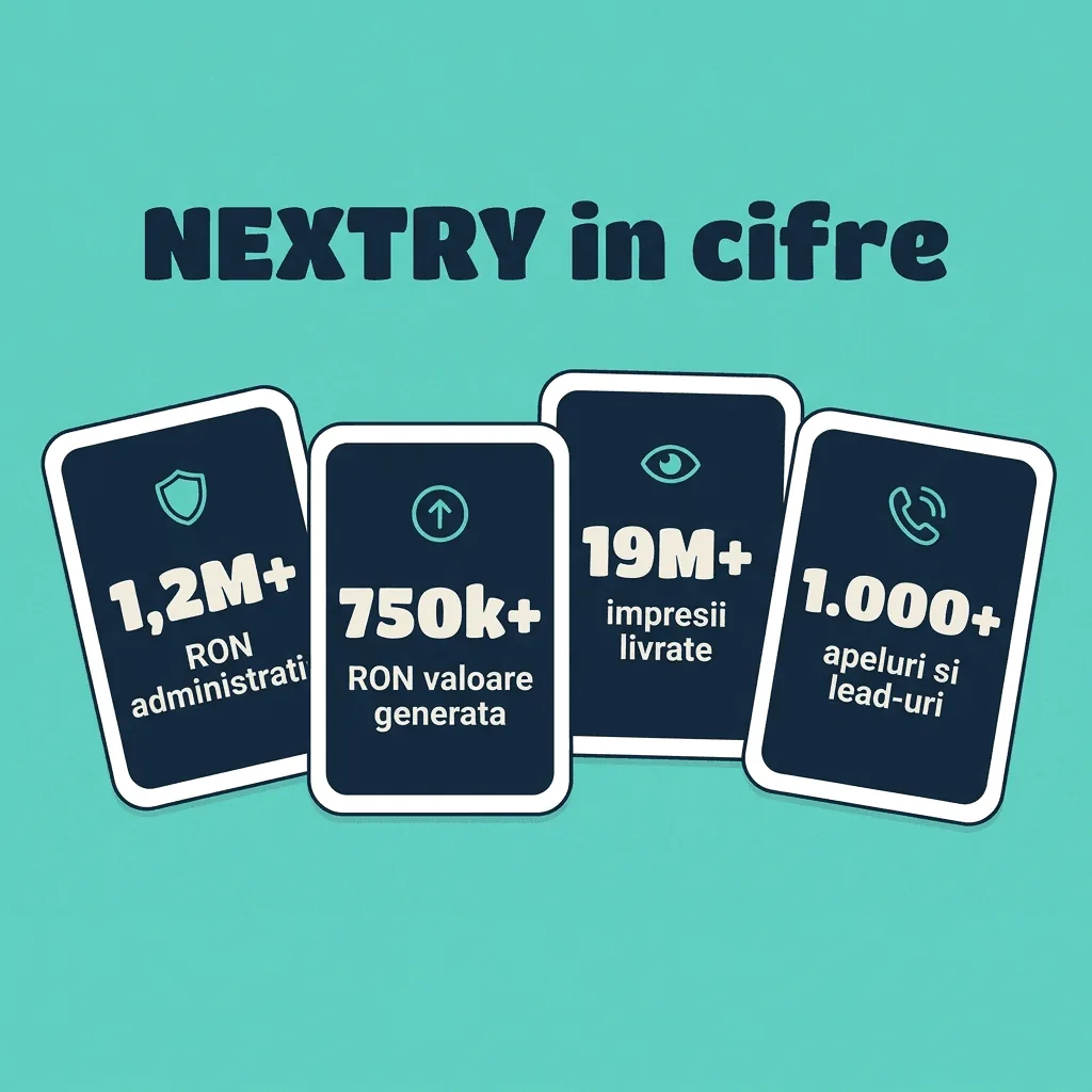 Nextry în cifre: 1,2M+ RON administrați, 750k+ RON valoare, 19M+ impresii, 1.000+ apeluri și lead-uri