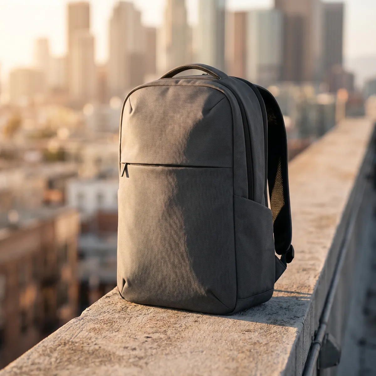 Modern backpack in an urban setting at sunset — AI product photography