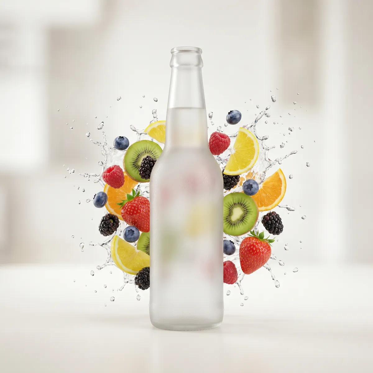 Drink bottle with fruit splashes — AI product photography