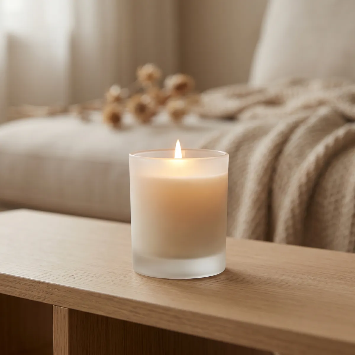 Scented candle in a cozy interior — AI product photography