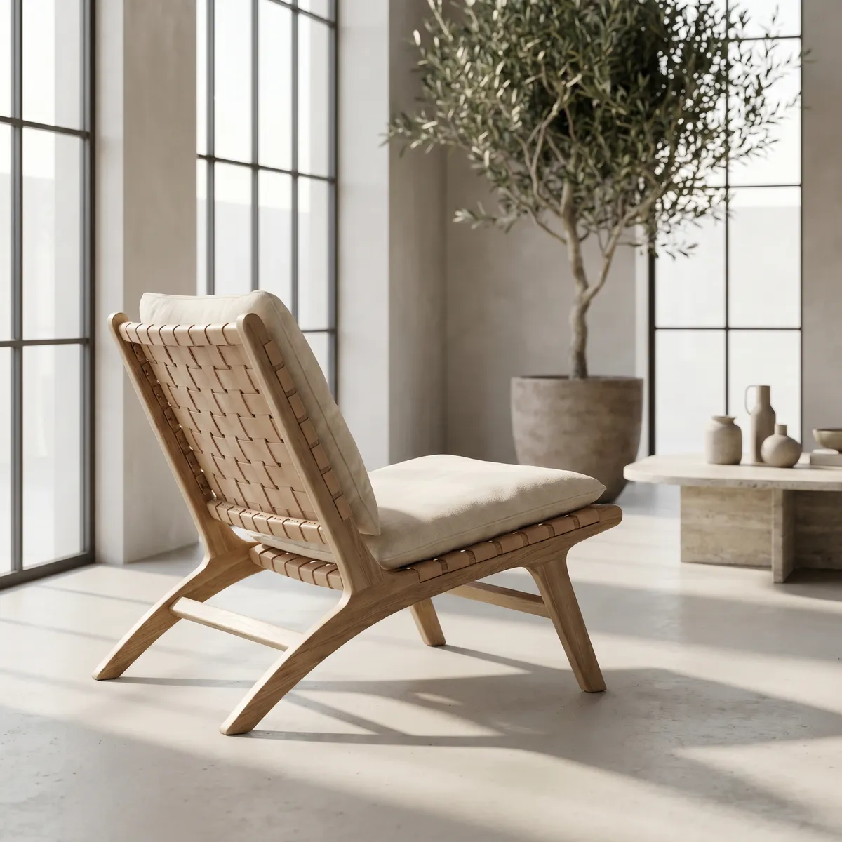 Designer armchair in a minimalist living room — AI product photography