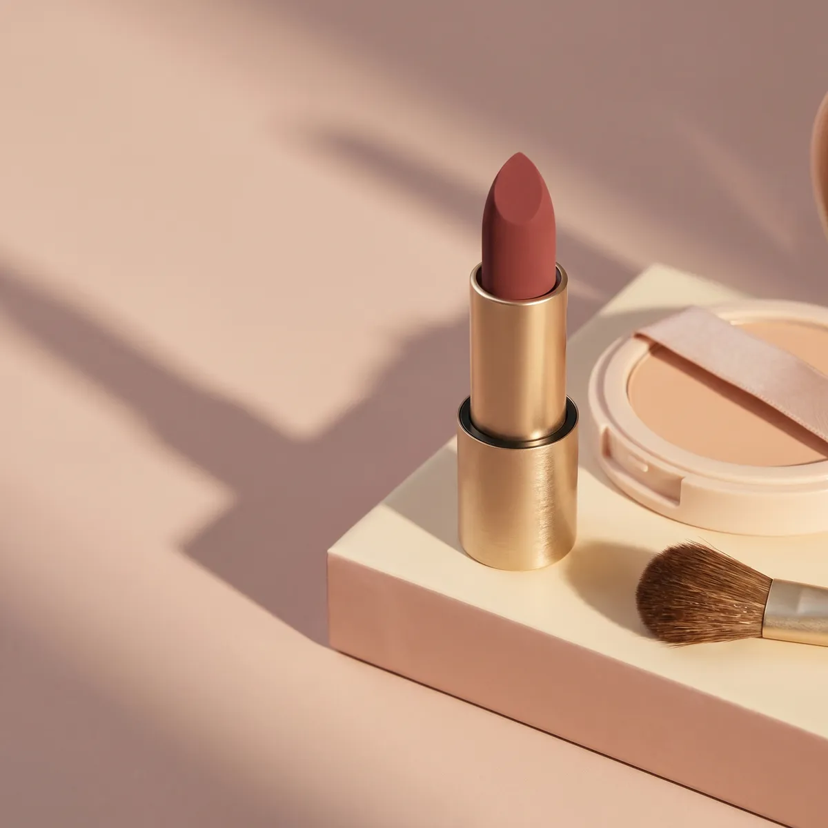 Lipstick and cosmetics on a pastel backdrop — AI product photography