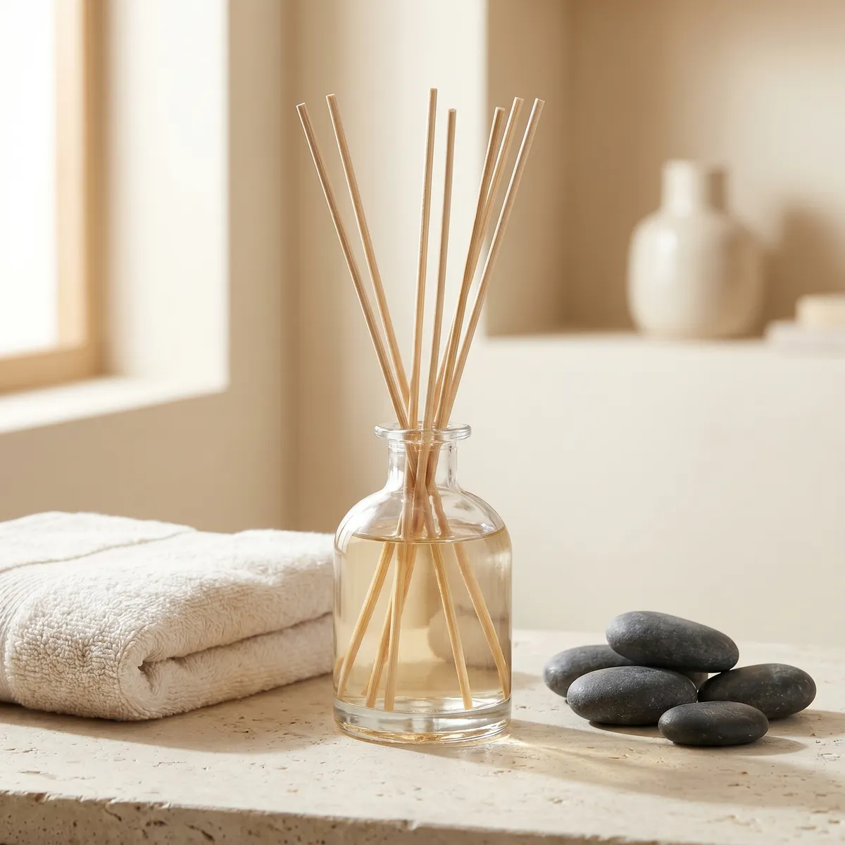 Reed diffuser with rattan sticks, spa mood — AI product photography