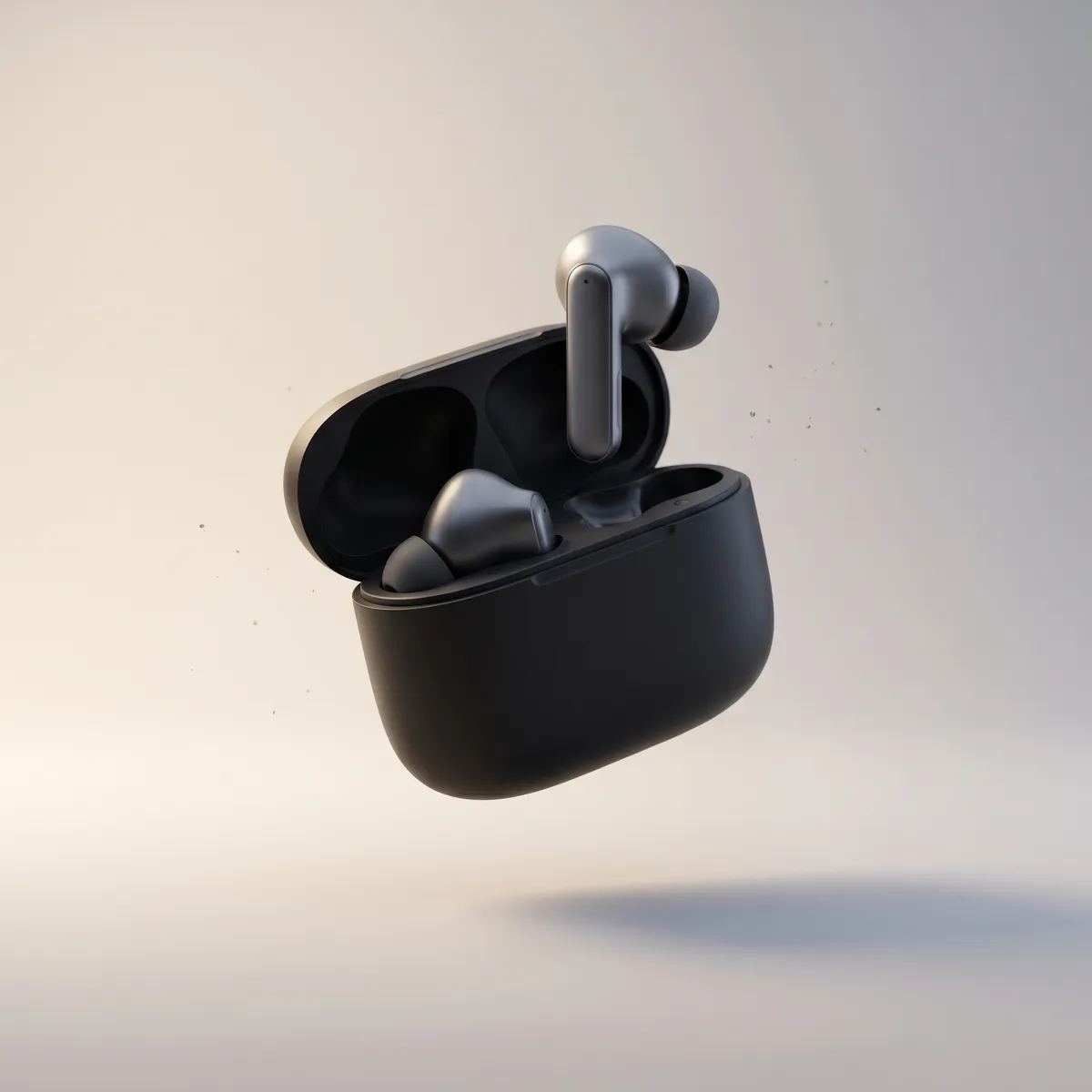 Wireless earbuds in an open case — AI product photography