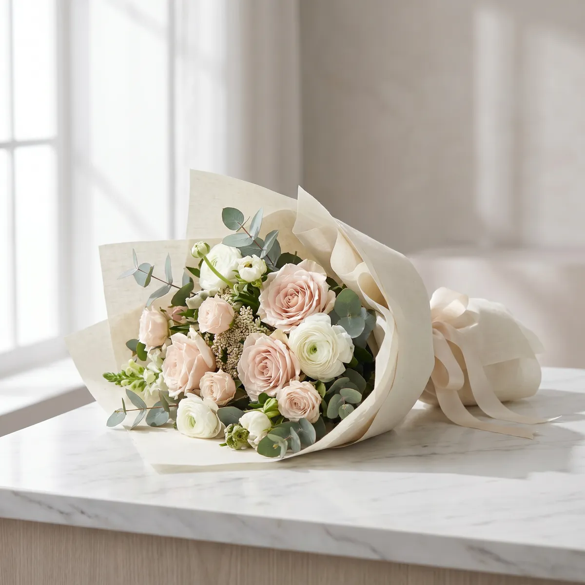 Fresh wrapped bouquet of flowers — AI product photography