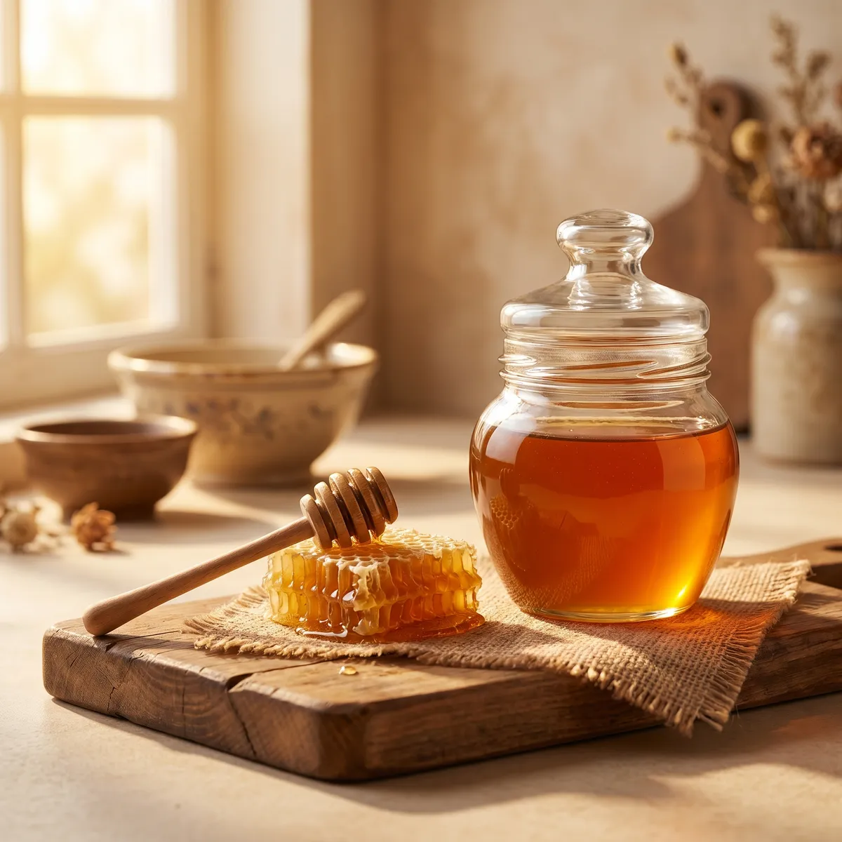 Honey jar with honeycomb and a wooden spoon — AI product photography