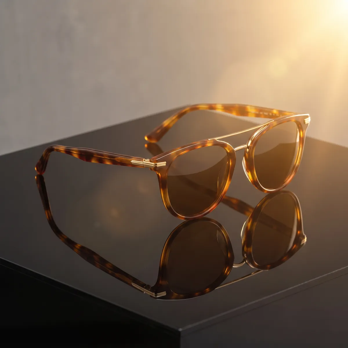 Sunglasses on glossy black acrylic — AI product photography