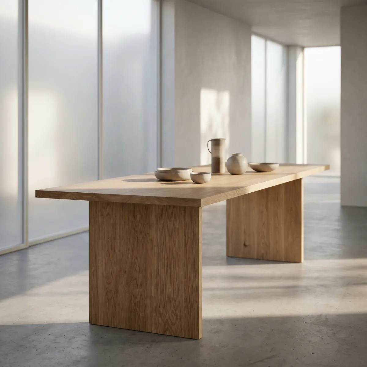 Solid wood table with minimalist ceramics — AI product photography