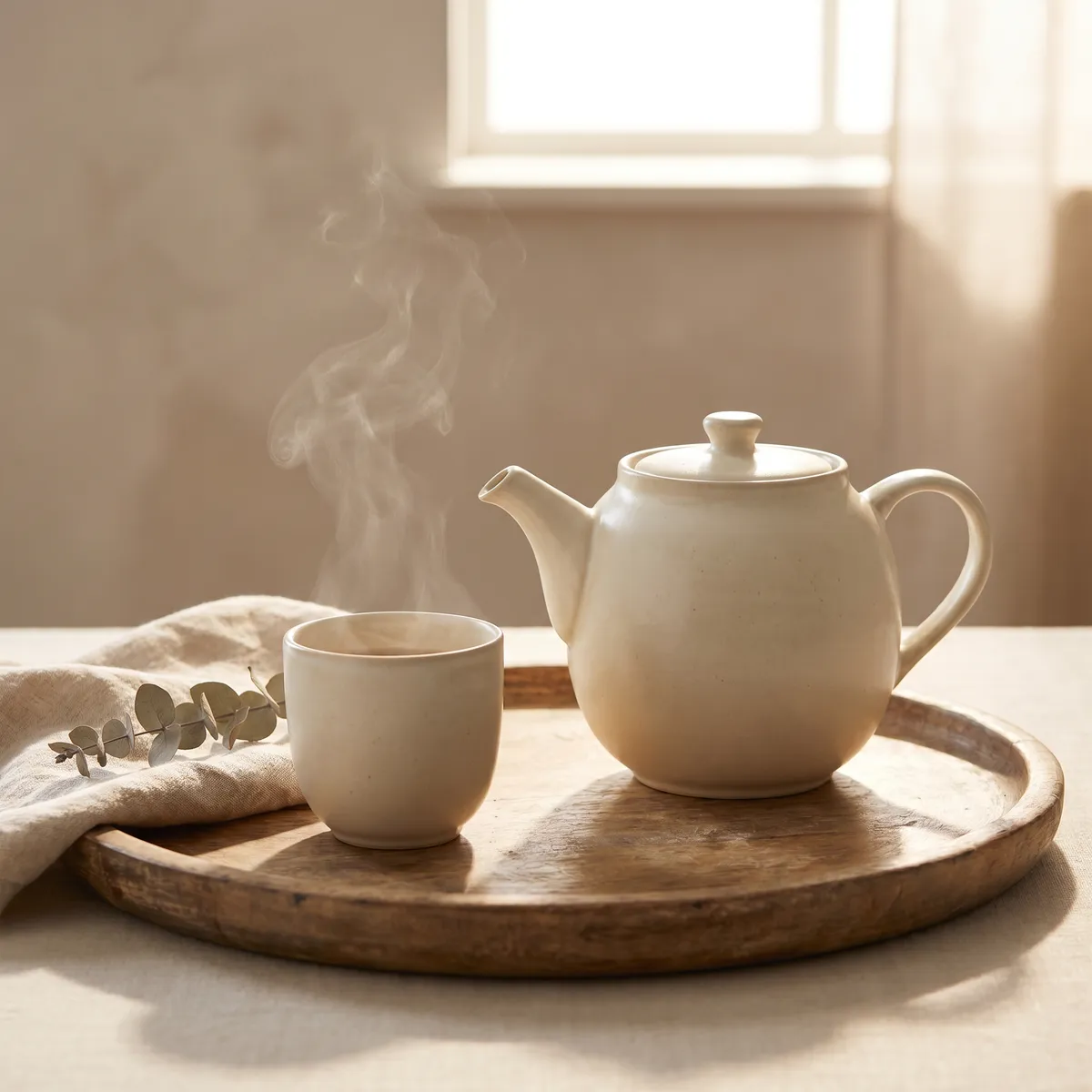 Ceramic teapot with steam on a wooden tray — AI product photography