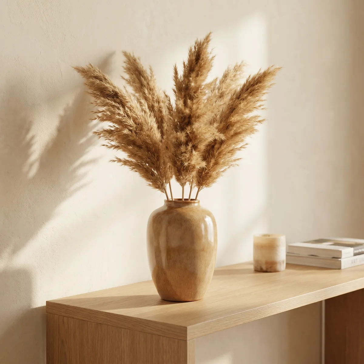 Ceramic vase with pampas grass on a console — AI product photography