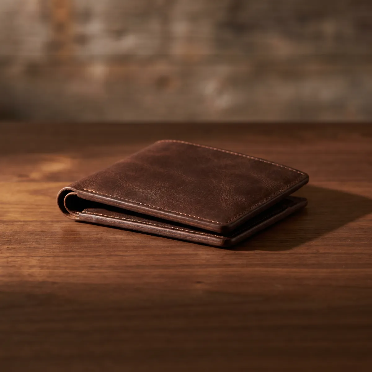 Leather wallet on wood — AI product photography
