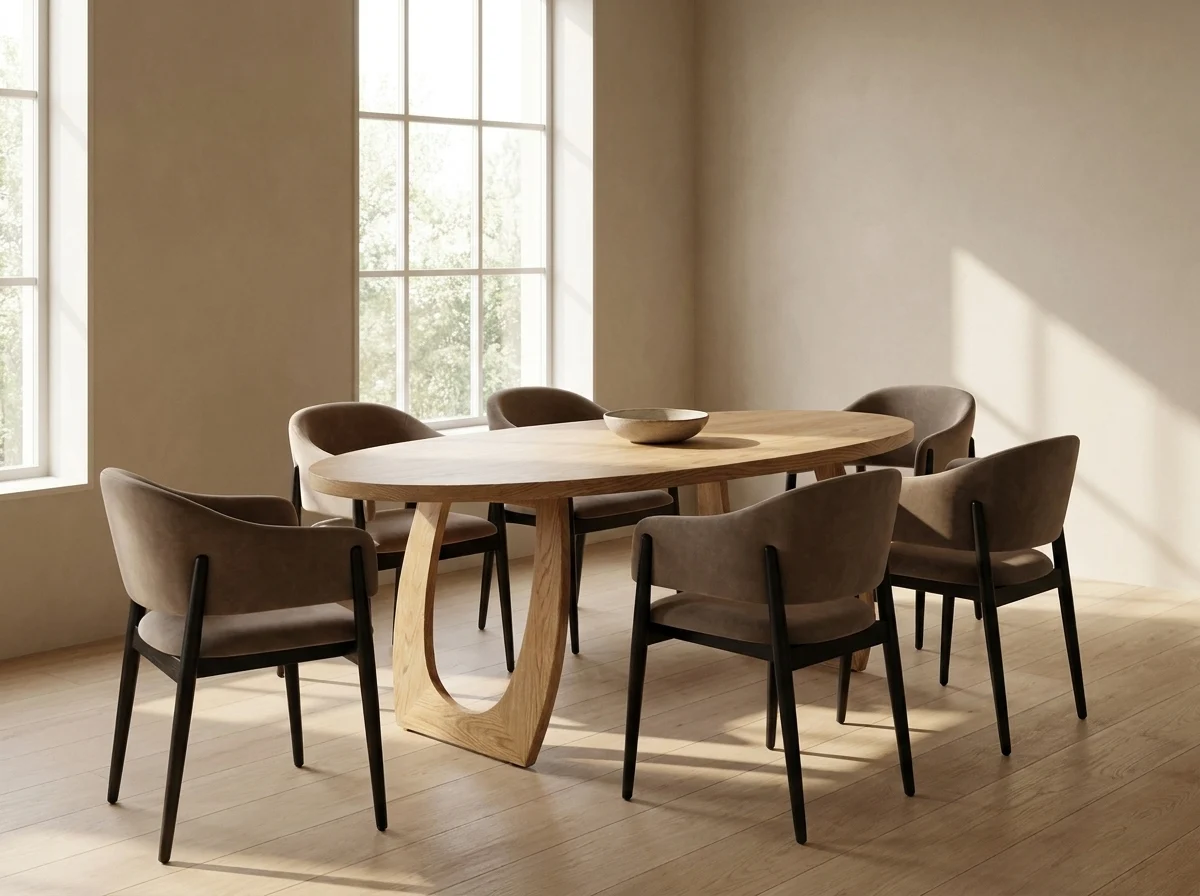 Set masă dining Eclipse cu 6 scaune — fotografie AI lifestyle, lumină naturală