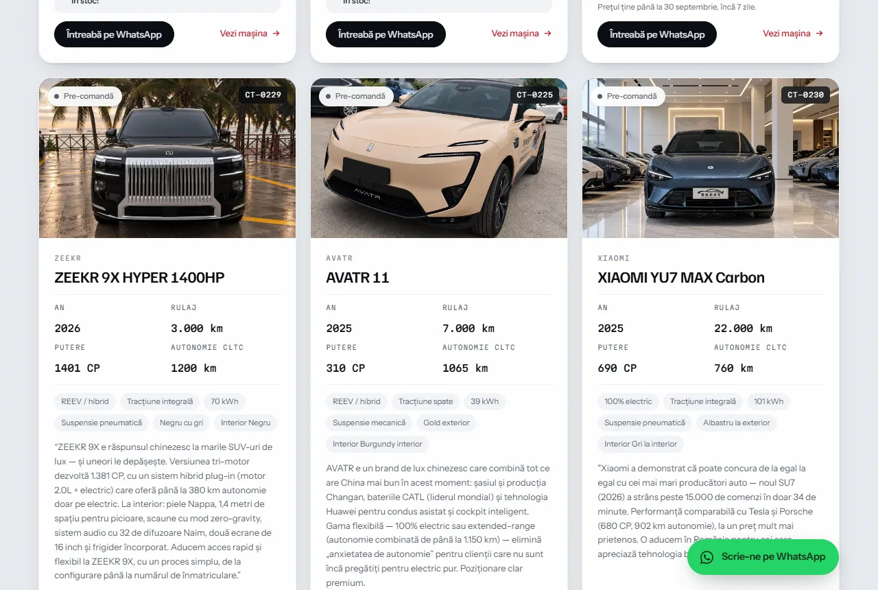 ArcMotors — Exemplarele concrete, fiecare cu an, rulaj, putere, autonomie și preț final.