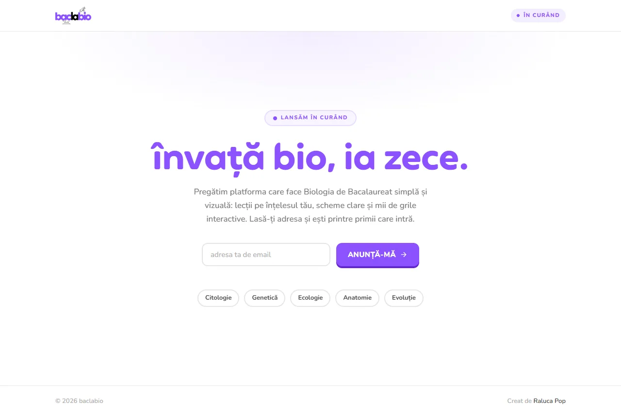 Baclabio — Pagina de pre-lansare: nume, promisiune și starea proiectului.