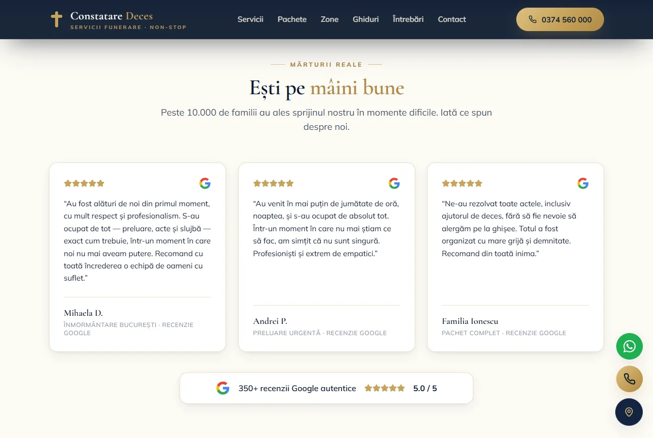Constatare Deces — Recenzii Google afișate pe site.