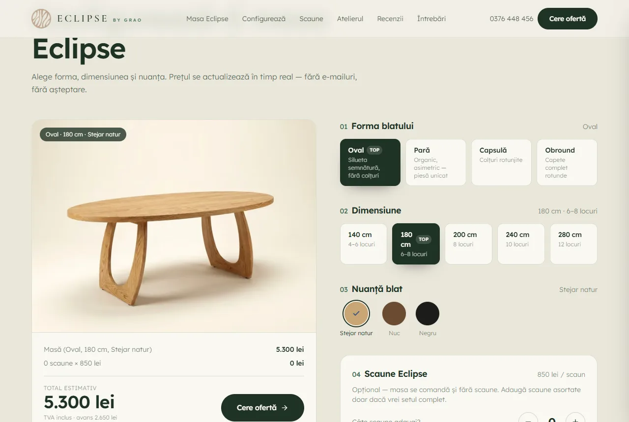 Eclipse by Grao — The live configurator: shape, size and finish, with the total recalculated on every choice.