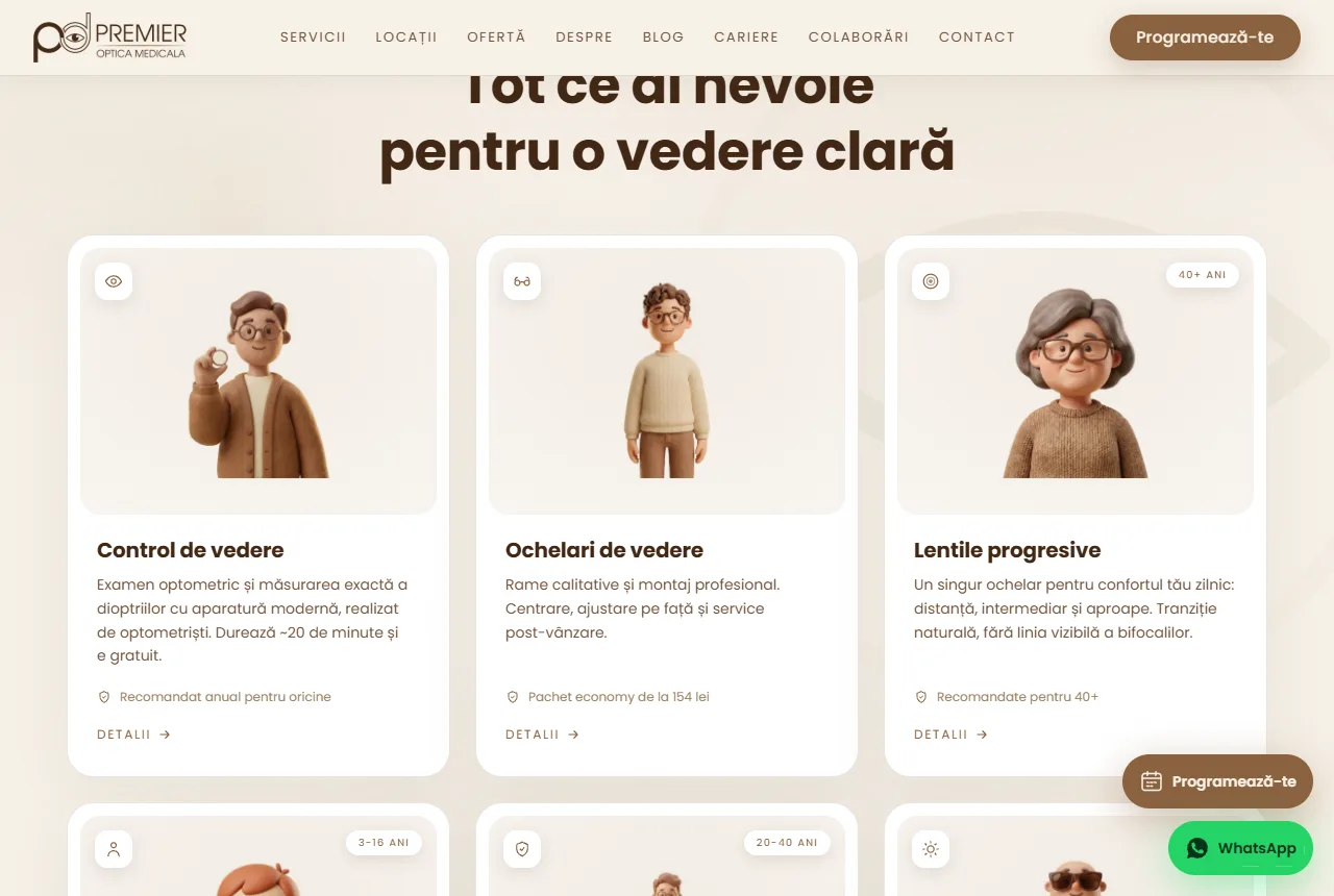 Premier Optic — Serviciile prezentate ca situații de viață, nu ca inventar de produse.