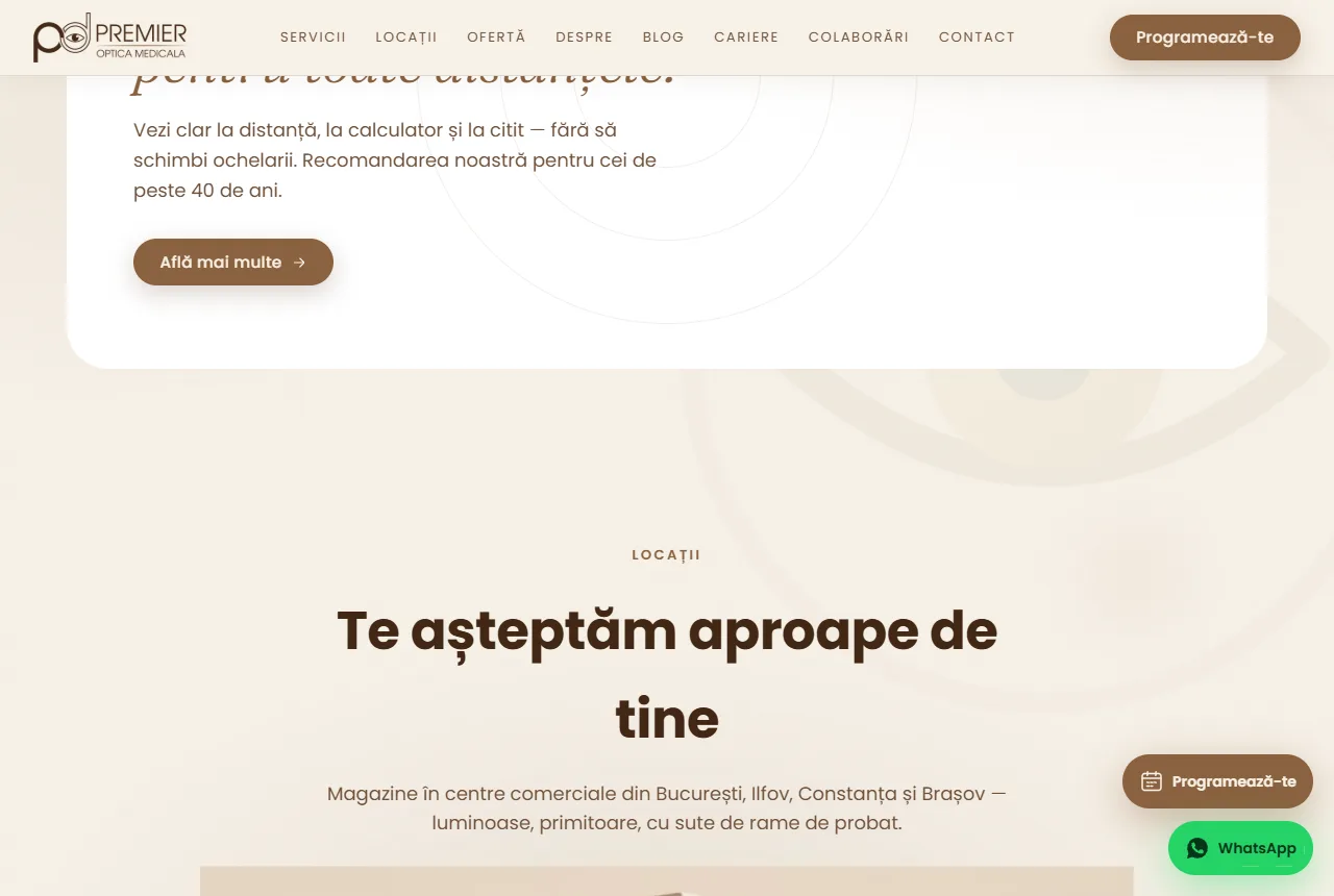 Premier Optic — Butonul de programare rămâne la îndemână, dublat de WhatsApp.