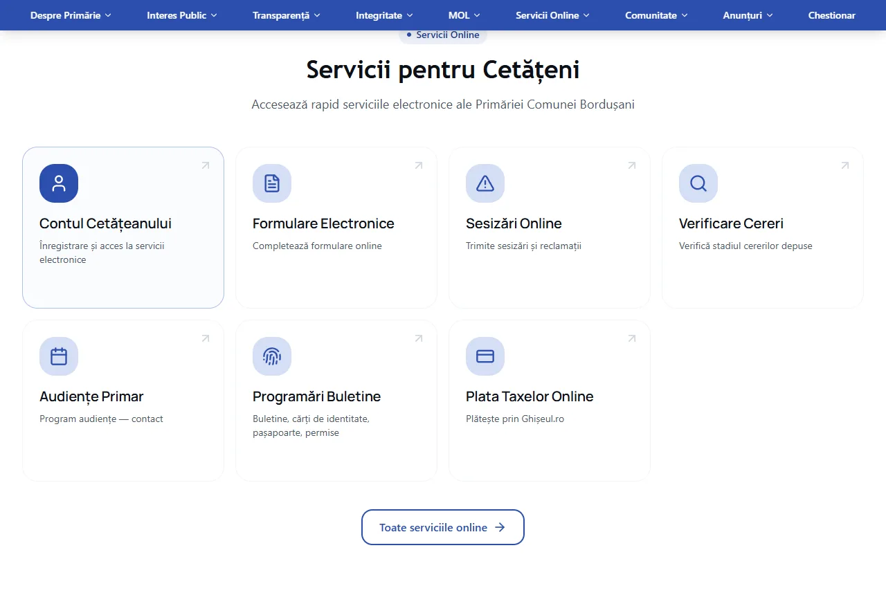 Primăria Bordușani — Serviciile online pentru cetățeni, grupate într-un singur loc.