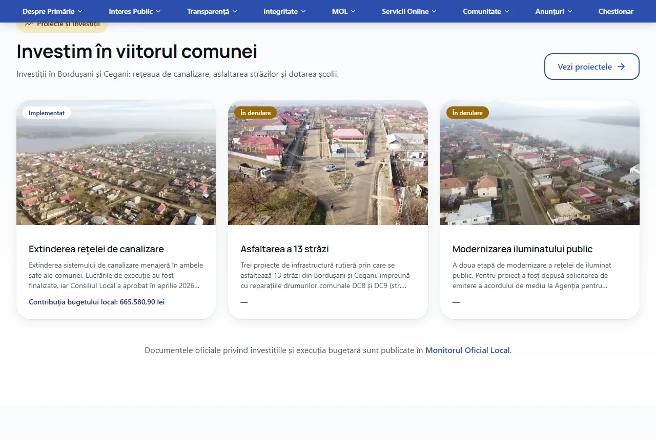 Primăria Bordușani — Proiectele de investiții, fiecare cu stadiul în care se află.