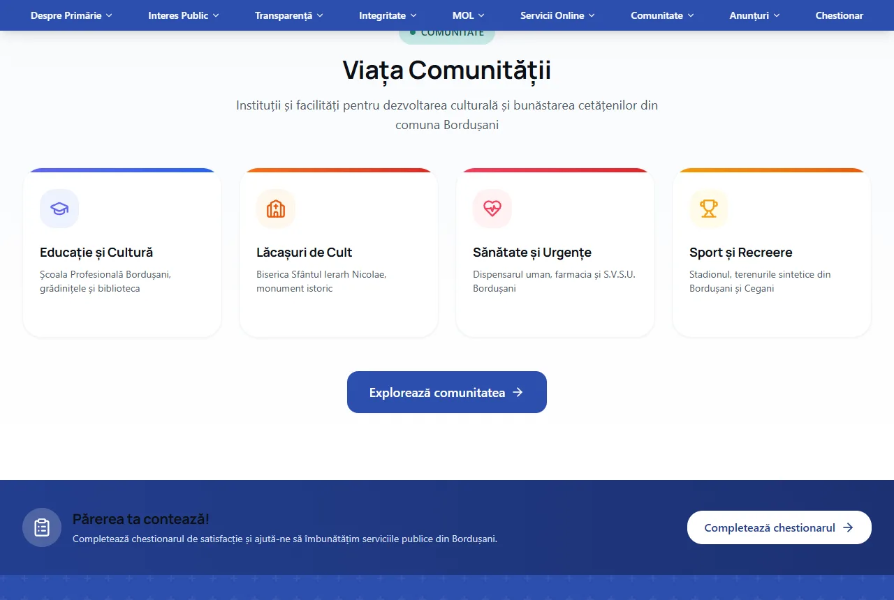 Primăria Bordușani — Viața comunității: educație, lăcașuri de cult, sănătate și sport.