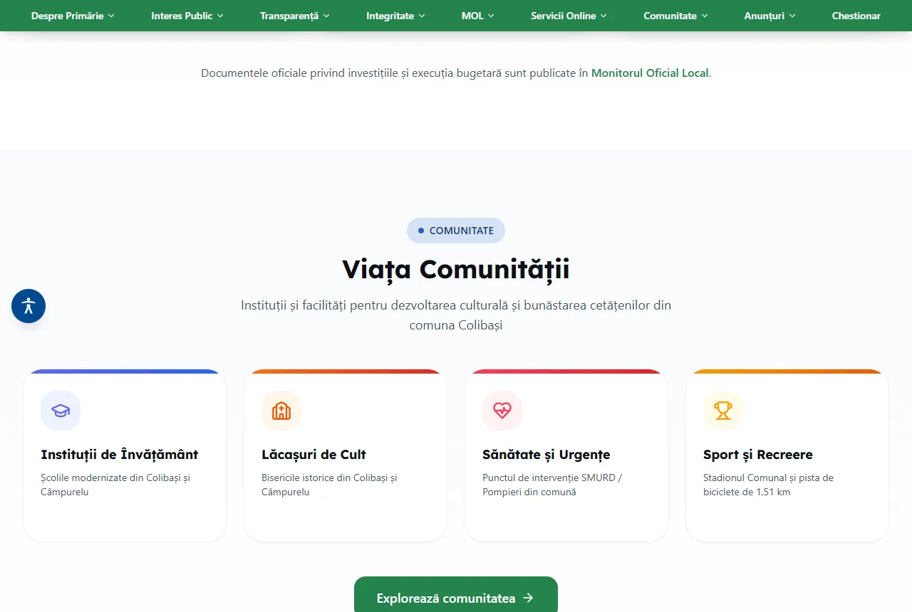 Primăria Colibași — Viața comunității: învățământ, lăcașuri de cult, sănătate și sport.