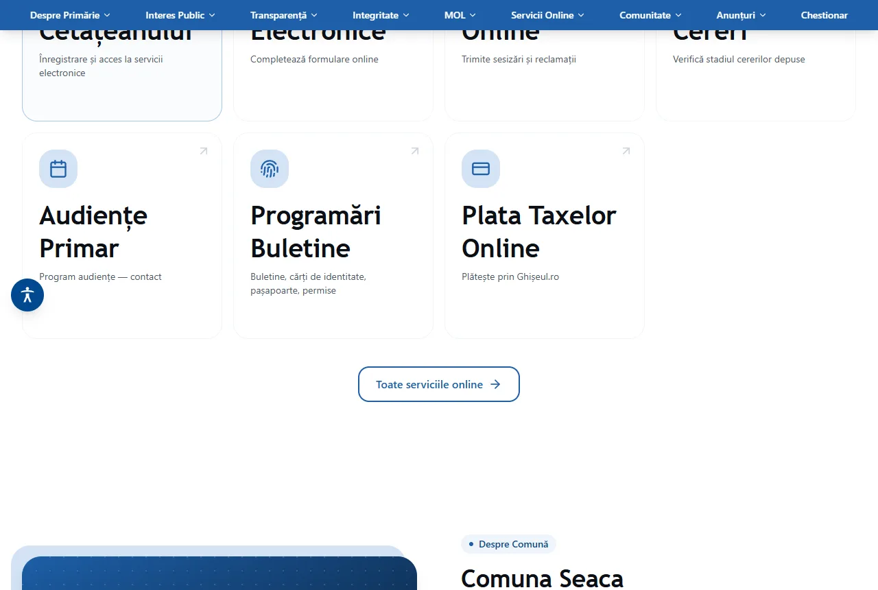 Seaca Town Hall — Services for residents, grouped on the homepage.