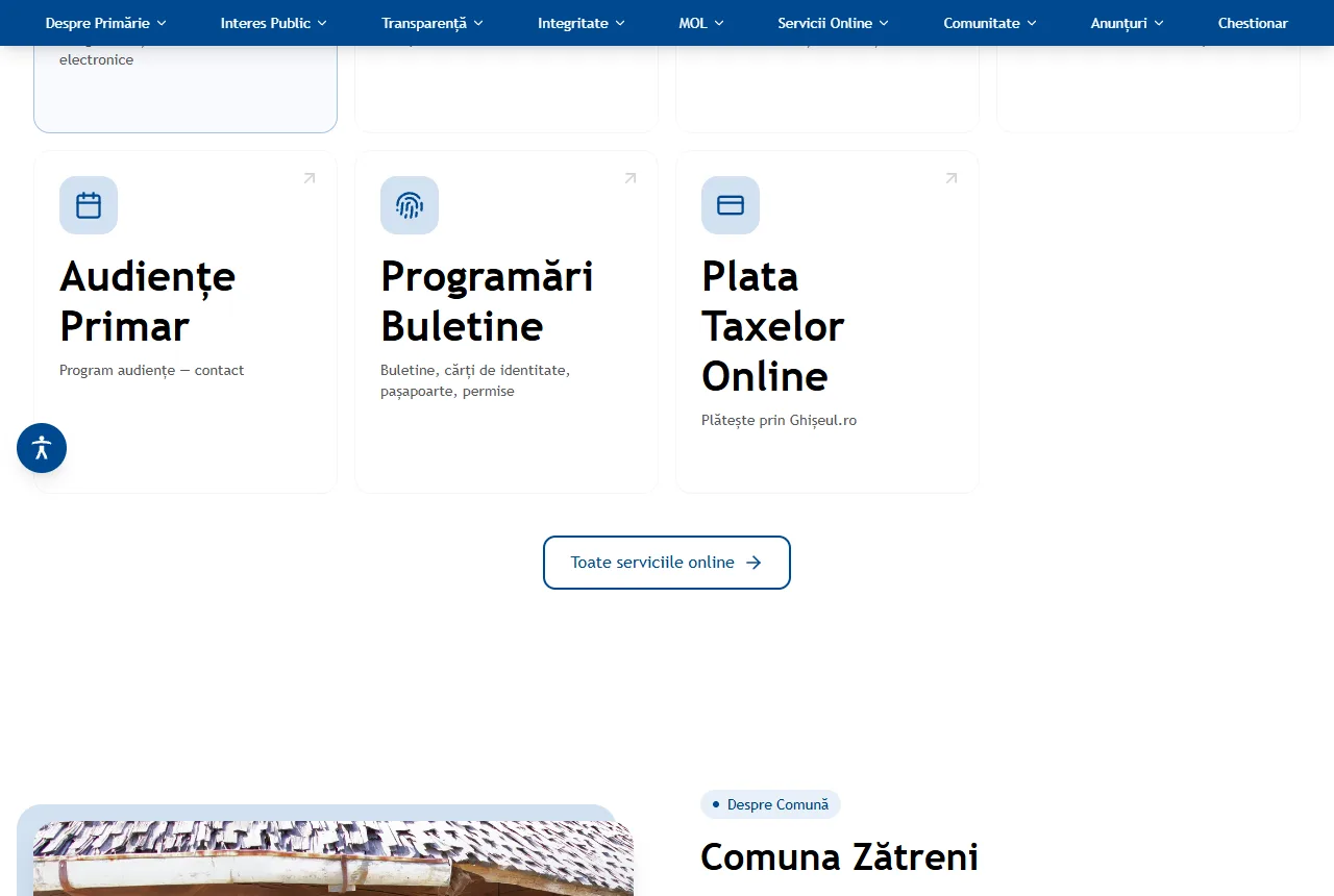 Primăria Zătreni — The Local Official Gazette, with each mandatory section separated and accessible.