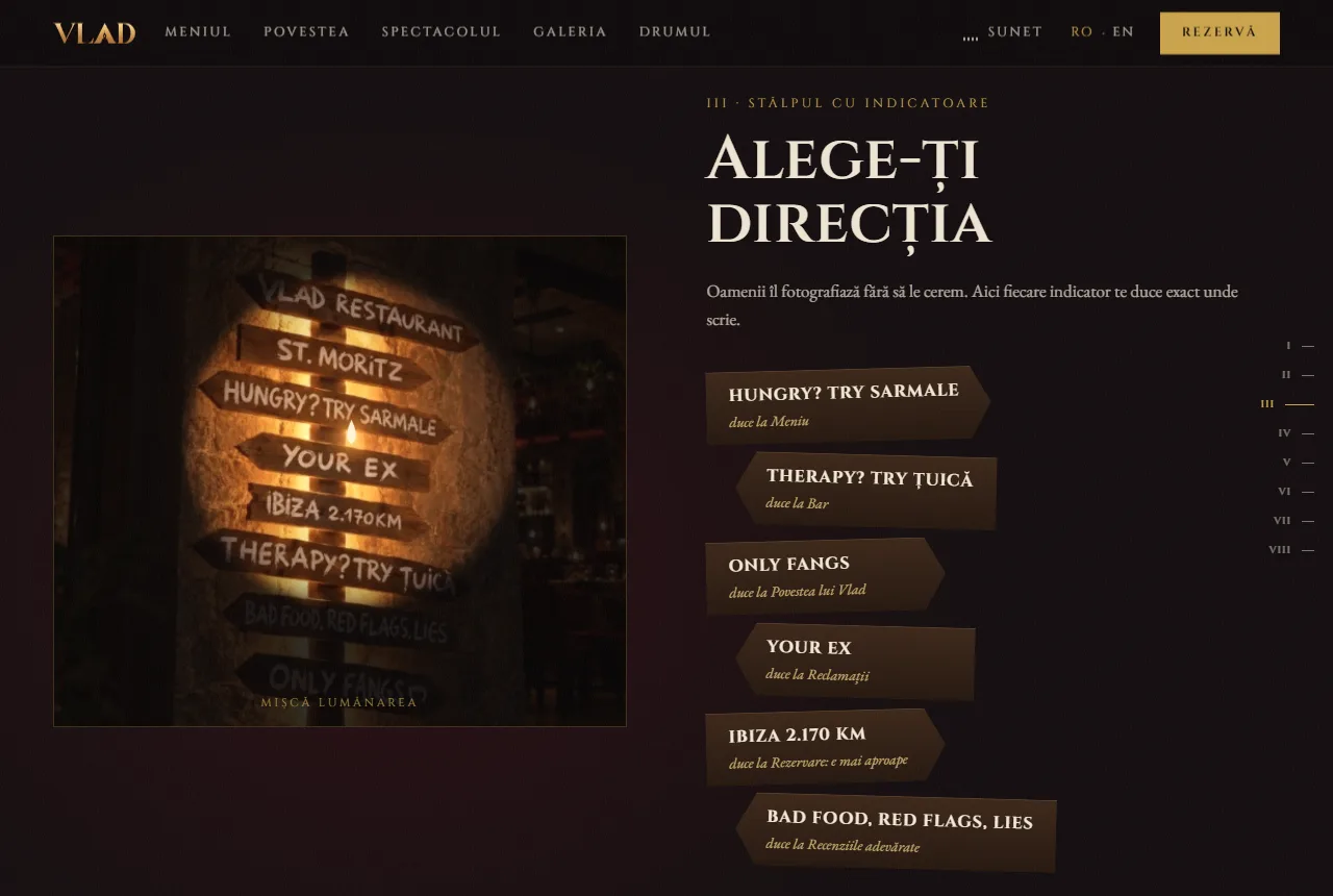 VLAD Restaurant & Bar — Stâlpul cu indicatoare: fiecare săgeată duce undeva pe site.