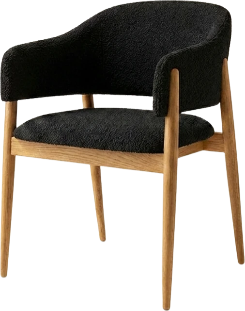 AI-generated product photography — Eclipse by Grao chair with black boucle upholstery and oak frame