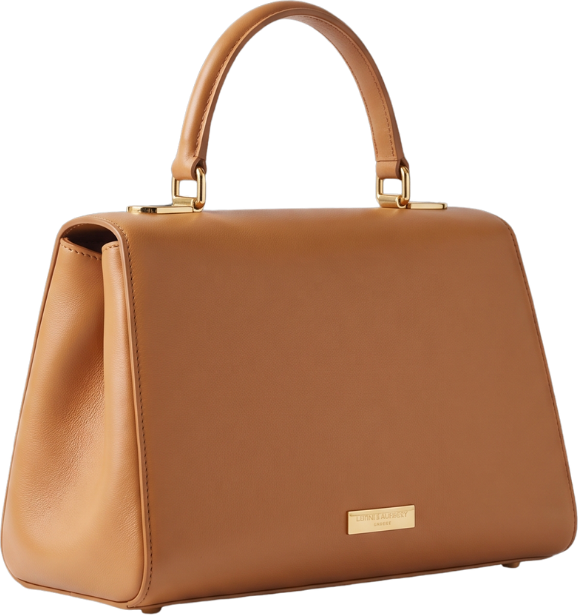AI-generated product photography — structured caramel leather luxury handbag