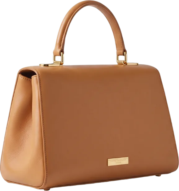 AI-generated product photography — structured caramel leather luxury handbag