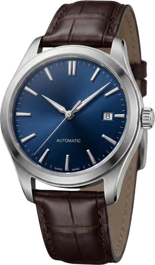 AI-generated product photography — luxury wristwatch with a blue dial and leather strap